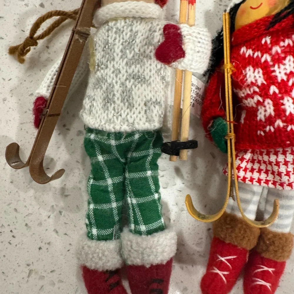 Target brand Christmas ornaments- 2 knit skiers red green white